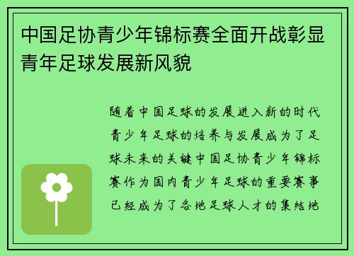 中国足协青少年锦标赛全面开战彰显青年足球发展新风貌